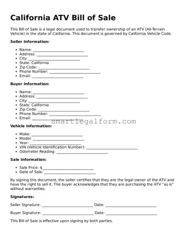 Printable California ATV Bill of Sale Document