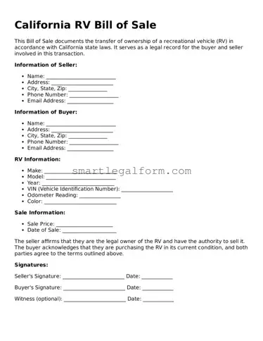 Printable California RV Bill of Sale Document