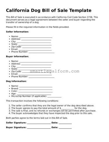 Printable California Dog Bill of Sale Document