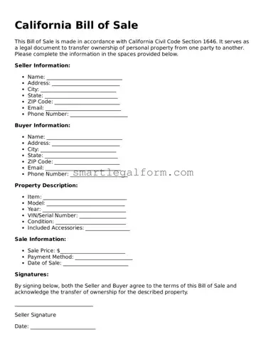 Printable California Bill of Sale Document