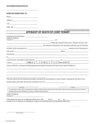 Free California Death of a Joint Tenant Affidavit Form