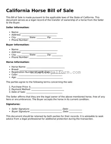 Printable California Horse Bill of Sale Document