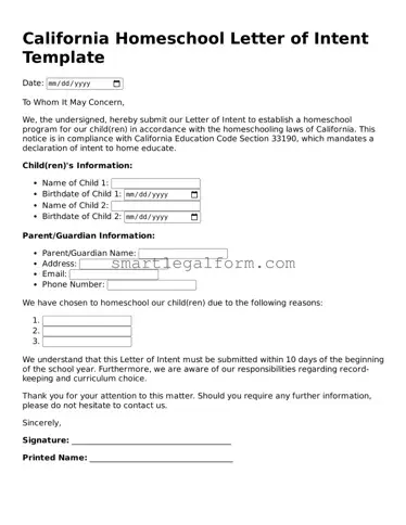 Printable California Homeschool Letter of Intent Document