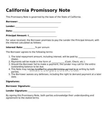 Printable California Promissory Note Document