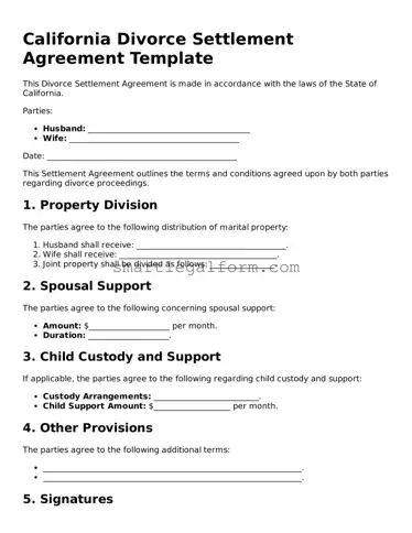 Printable California Divorce Settlement Agreement Document