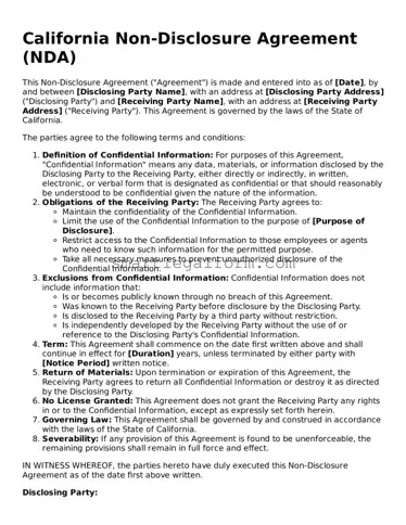 Printable California Non-disclosure Agreement Document