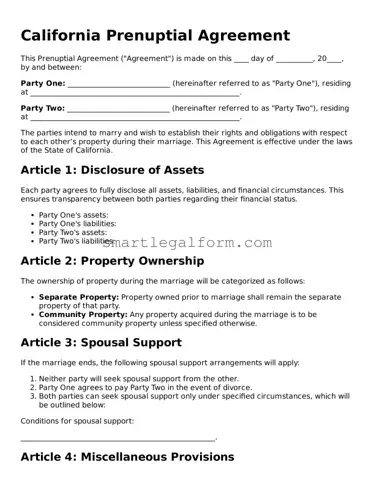 Printable California Prenuptial Agreement Document