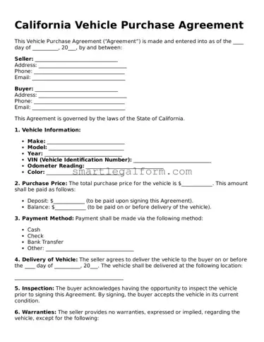 Printable California Vehicle Purchase Agreement Document