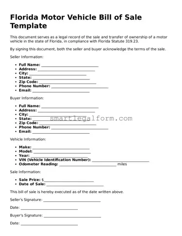 Printable Florida Motor Vehicle Bill of Sale Document