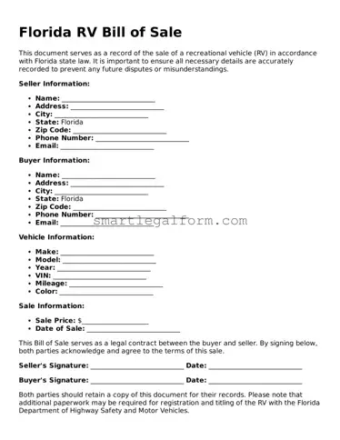 Printable Florida RV Bill of Sale Document