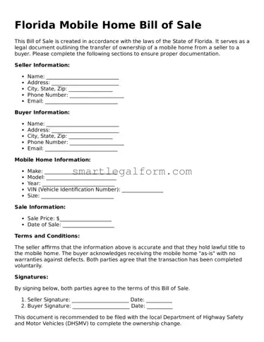 Printable Florida Mobile Home Bill of Sale Document