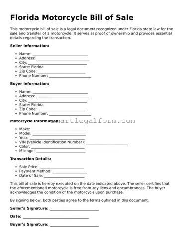 Printable Florida Motorcycle Bill of Sale Document