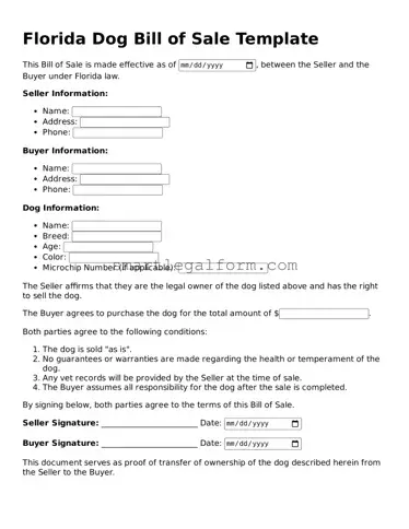 Printable Florida Dog Bill of Sale Document