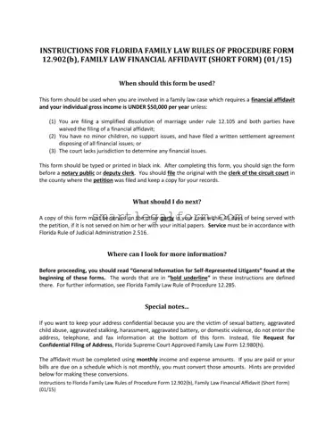 Free Florida Financial Affidavit Short 12.902(b) Form