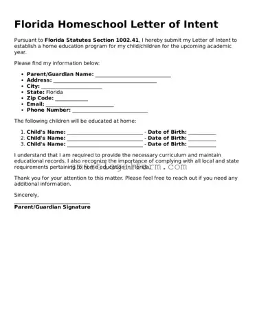 Printable Florida Homeschool Letter of Intent Document