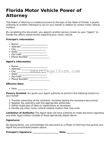 Printable Florida Motor Vehicle Power of Attorney Document