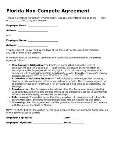 Printable Florida Non-compete Agreement Document