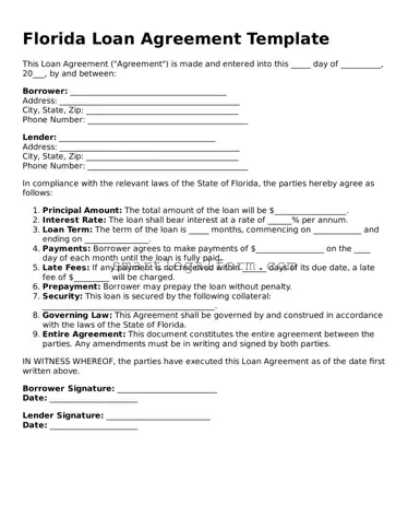 Printable Florida Loan Agreement Document