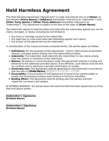 Attorney-Approved Hold Harmless Agreement Form