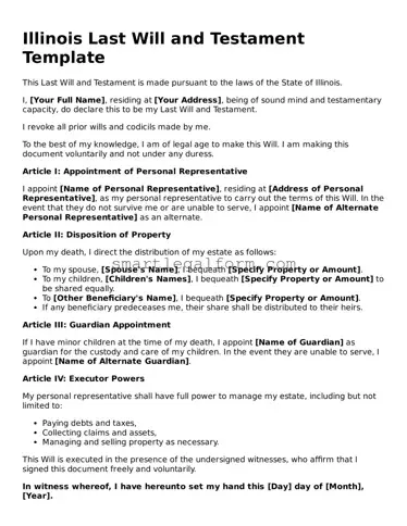 Printable Illinois Last Will and Testament Document