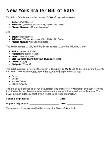 Printable New York Trailer Bill of Sale Document