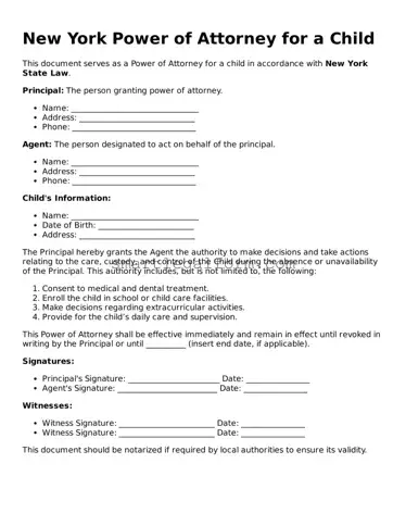 Printable New York Power of Attorney for a Child Document