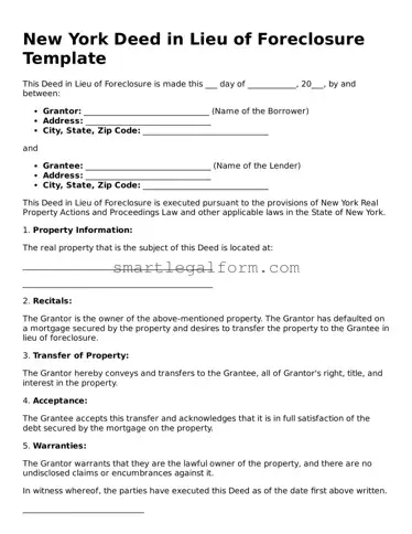Printable New York Deed in Lieu of Foreclosure Document
