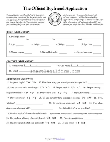 Free Boyfriend application form Form