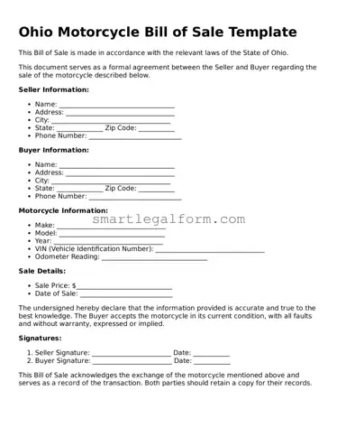 Printable Ohio Motorcycle Bill of Sale Document