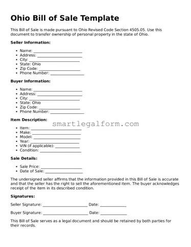 Printable Ohio Bill of Sale Document