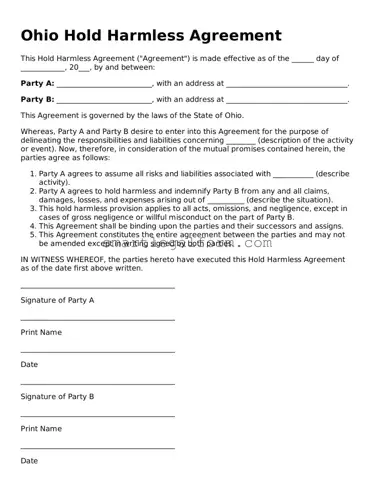 Printable Ohio Hold Harmless Agreement Document