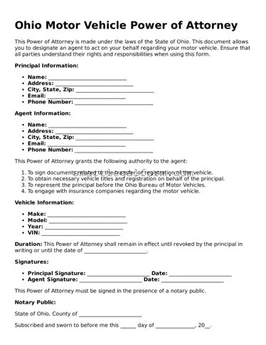 Printable Ohio Motor Vehicle Power of Attorney Document