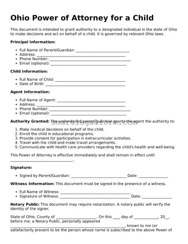 Printable Ohio Power of Attorney for a Child Document