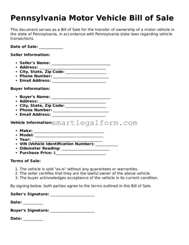 Printable Pennsylvania Motor Vehicle Bill of Sale Document