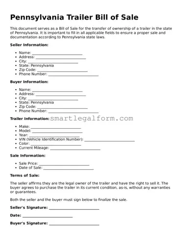 Printable Pennsylvania Trailer Bill of Sale Document