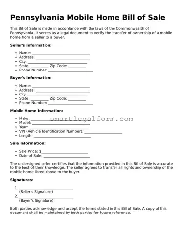 Printable Pennsylvania Mobile Home Bill of Sale Document
