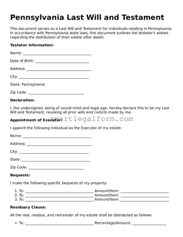 Printable Pennsylvania Last Will and Testament Document