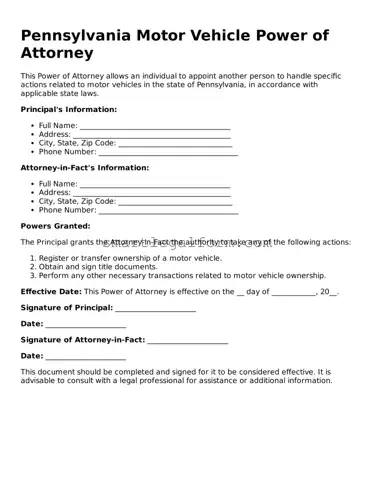 Printable Pennsylvania Motor Vehicle Power of Attorney Document