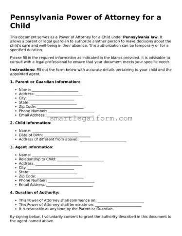 Printable Pennsylvania Power of Attorney for a Child Document