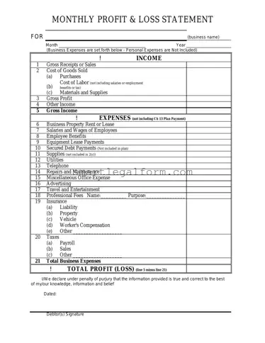 Free Profit And Loss Form