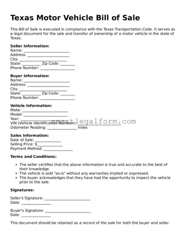 Printable Texas Motor Vehicle Bill of Sale Document