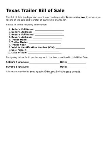 Printable Texas Trailer Bill of Sale Document