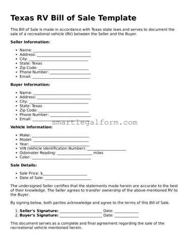 Printable Texas RV Bill of Sale Document