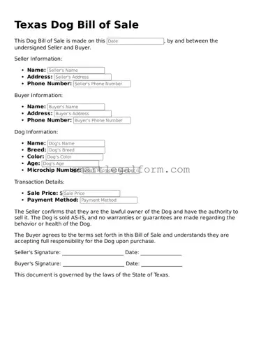 Printable Texas Dog Bill of Sale Document