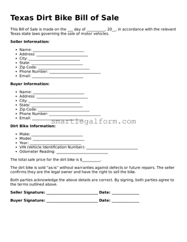 Printable Texas Dirt Bike Bill of Sale Document