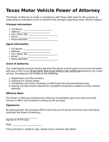 Printable Texas Motor Vehicle Power of Attorney Document
