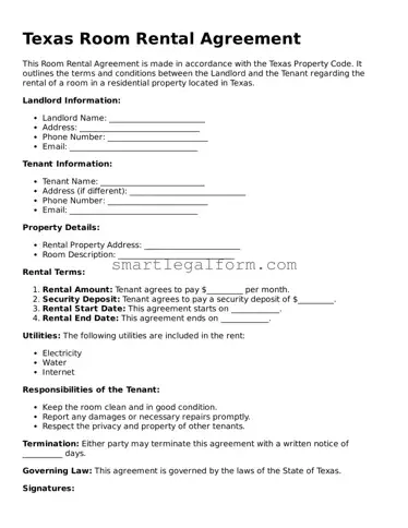 Printable Texas Room Rental Agreement Document