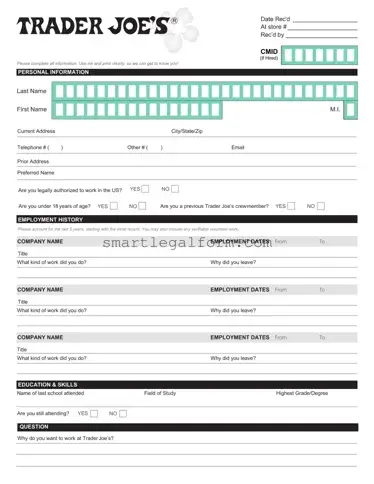 Free Trader Joe's application Form