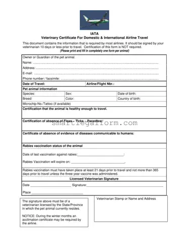 Free Veterinary Certificate Travel Form