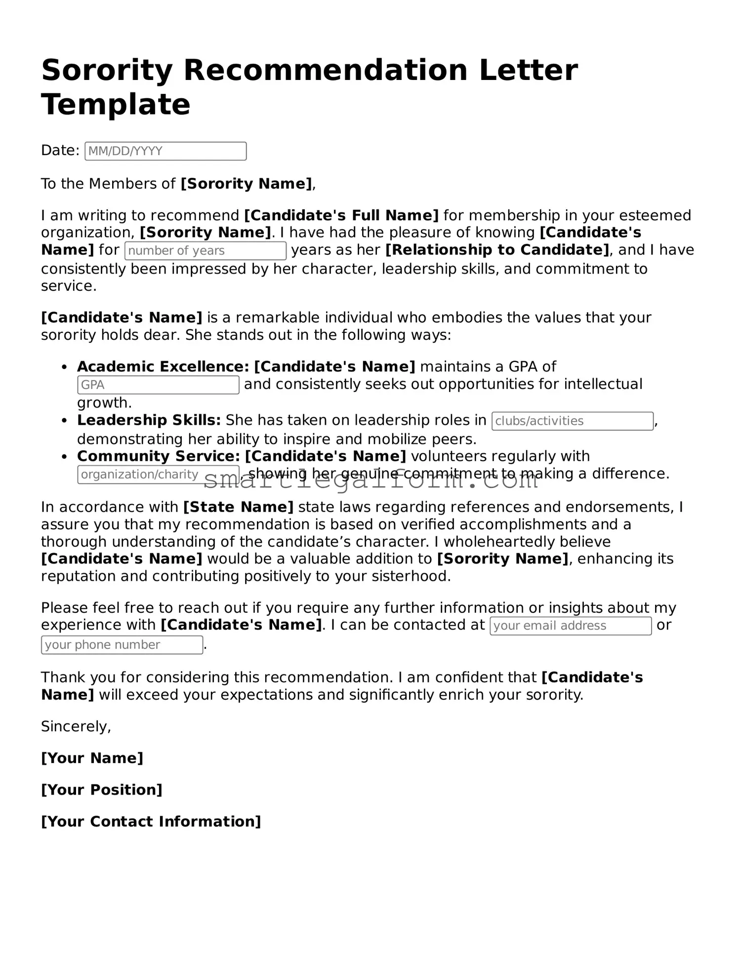 Attorney-Approved Sorority Recommendation Letter Form